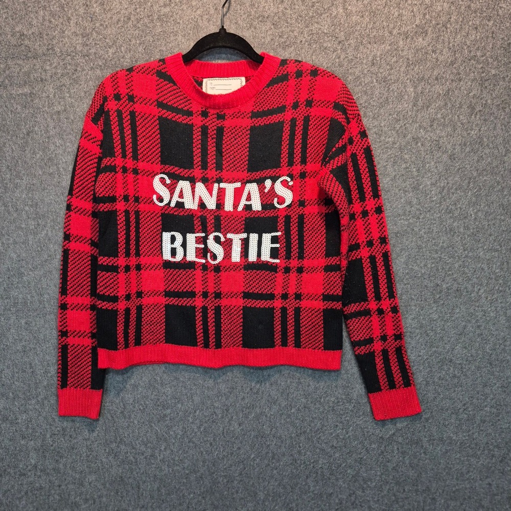 With Love Derek Plaid Sequined Ugly Christmas Sweater S kitschy funky fun